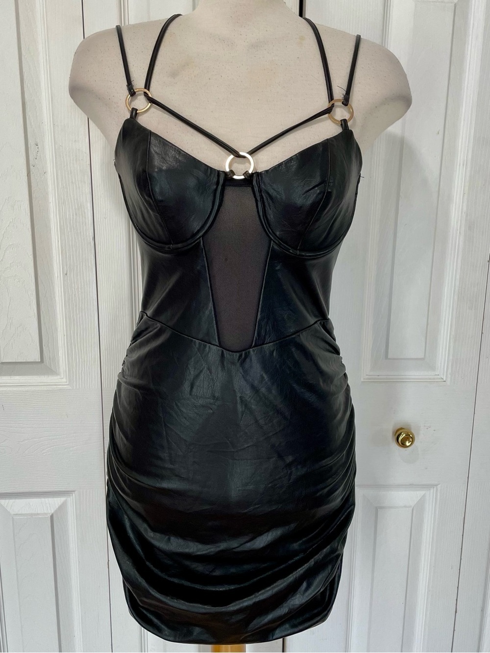 Michael Costello REVOLVE Black Faux Leather Strappy Ruched Mini Dress